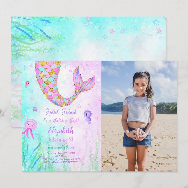 Invitation photo d'anniversaire de sirène pour enf (Devant / Derrière)