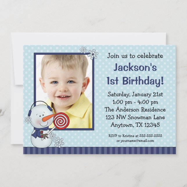 Invitation Photo d'anniversaire de Snowman Blue Winter (Devant)