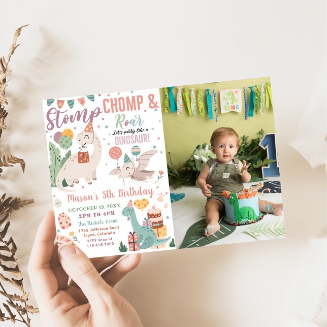 Invitation Photo d'anniversaire de Stomp, Chomp et Roar Dinos (Créateur téléchargé)