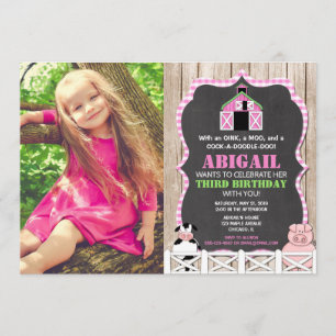 Invitation Photo d'anniversaire des animaux de ferme roses