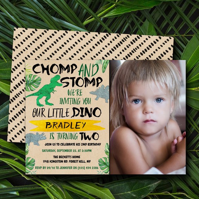 Invitation Photo d'anniversaire des garçons dinosaures Chomp  (Créateur téléchargé)