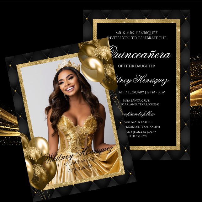 Invitation photo d'anniversaire en noir et or de l (Créateur téléchargé)