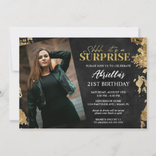 Invitation Photo d'anniversaire moderne Black and Gold Surpri