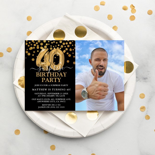 Invitation Photo d'anniversaire moderne Black & Gold 40th Sur (Créateur téléchargé)