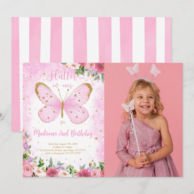 Invitation photo d'anniversaire papillon (Devant / Derrière)