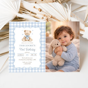 Invitation Photo d'anniversaire Teddy Bear Blue Balloon