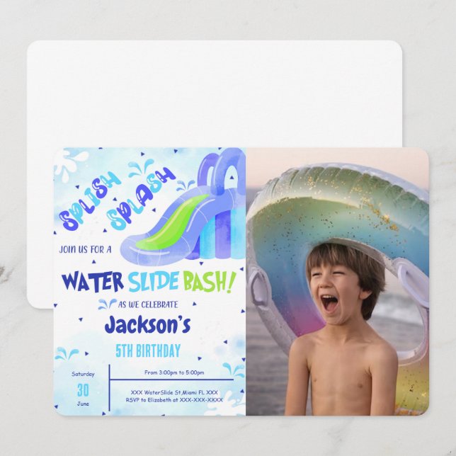 Invitation photo d'anniversaire Toboggan aquatique (Devant / Derrière)