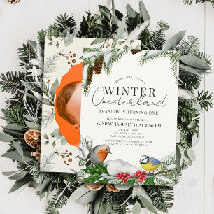 Invitation Photo d'anniversaire Winter Onederland Oiseaux & N