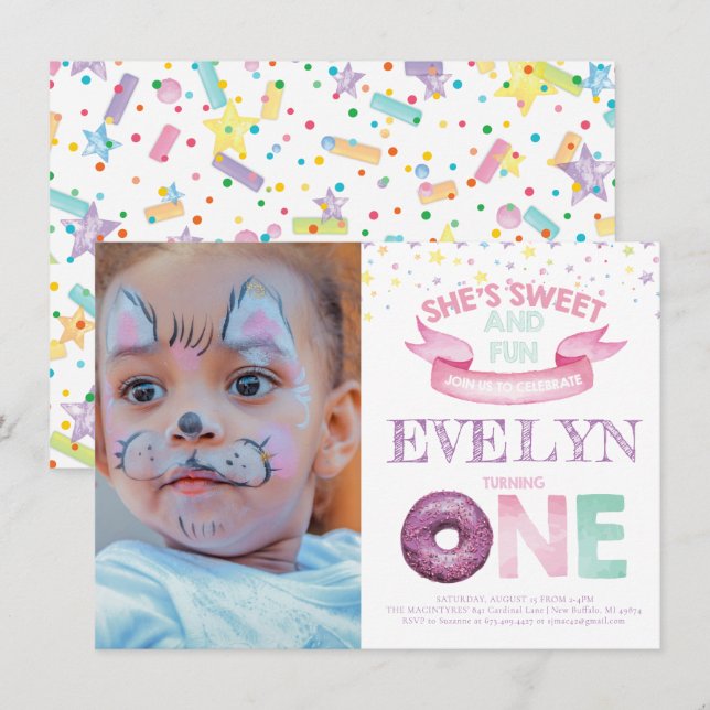 Invitation Photo d'aquarelle pour le premier anniversaire de  (Devant / Derrière)