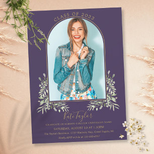 Invitation Photo d'arc en or avec feuillage violet pour la re