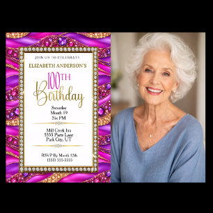 Invitation Photo de 100e anniversaire Glam Pink Gold Jeweled