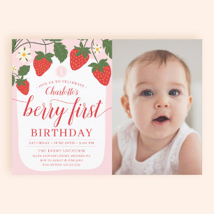 Invitation Photo de 1er anniversaire de Cute Sweet Strawberry