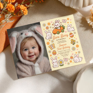 Invitation Photo de 1er anniversaire de Pâques Some Bunny Whi