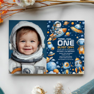 Invitation Photo de 1er anniversaire de Space Astronaut Cat B