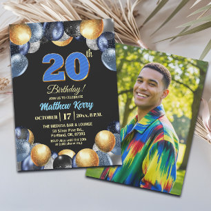 Invitation Photo de 20e anniversaire Bleu Argent Or Élégant