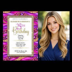 Invitation Photo de 25e anniversaire Glam Pink Gold Jeweled S