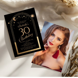 Invitation Photo de 30e anniversaire Black Gold Celestial
