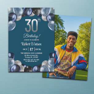 Invitation Photo de 30e anniversaire bleu élégant avec paille