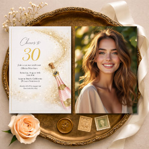 Invitation Photo de 30e anniversaire Cheers Rose Gold Champag