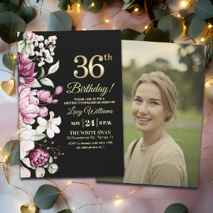 Invitation Photo de 36 ans d'anniversaire floral élégant en o
