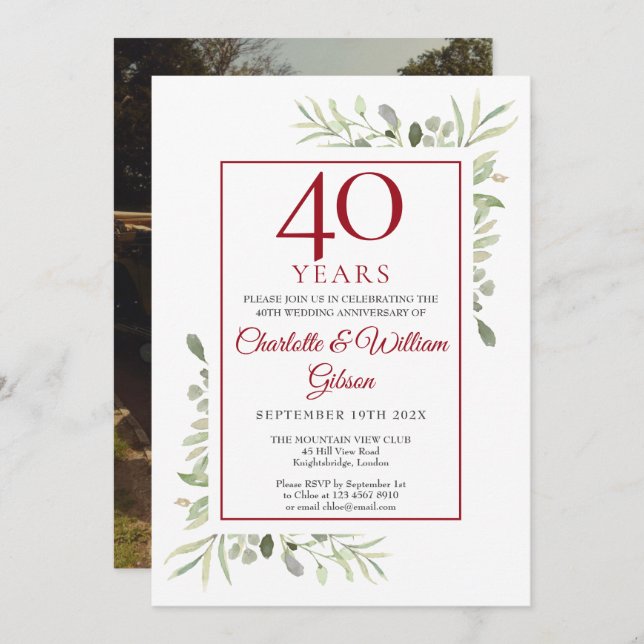Invitation Photo de 40e anniversaire de mariage de rubis avec (Devant / Derrière)