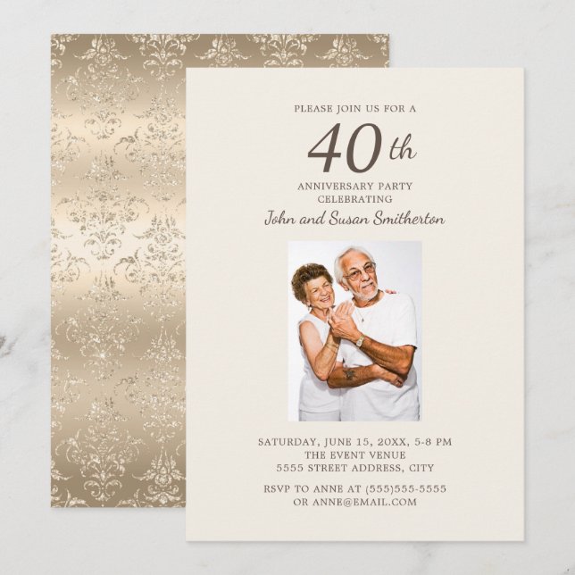 Invitation Photo de 40e anniversaire de mariage en damas or é (Devant / Derrière)