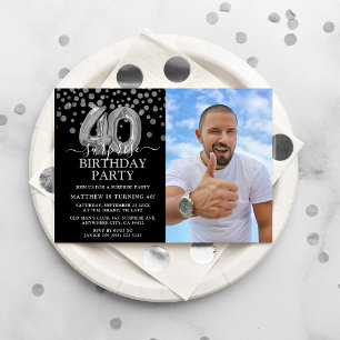 Invitation Photo de 40e anniversaire surprise moderne noir et