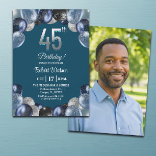 Invitation Photo de 45e anniversaire bleu élégant argenté pai