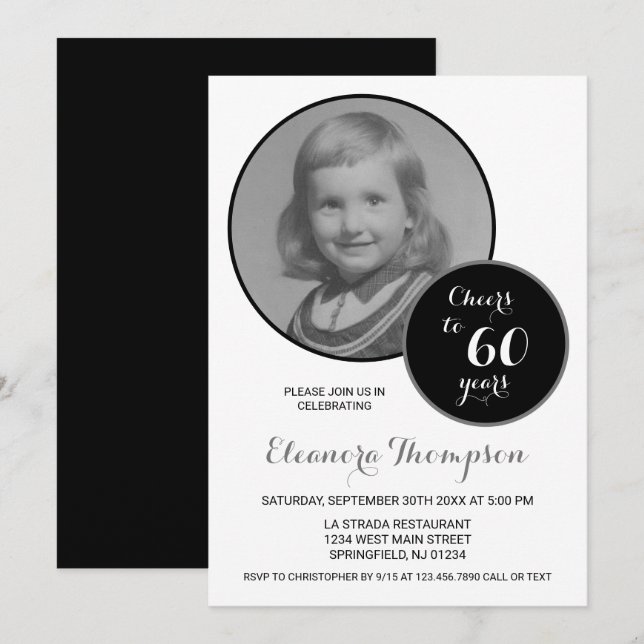 Invitation Photo de 60 ans noir et blanc (Devant / Derrière)