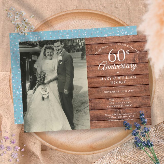 Invitation Photo de 60e anniversaire de mariage en bois rusti (Créateur téléchargé)