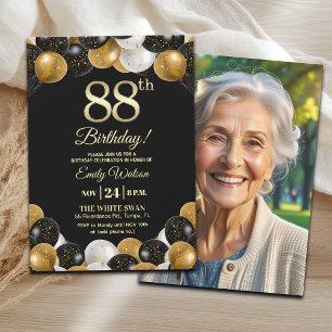 Invitation Photo de 88e anniversaire élégant noir or paillett