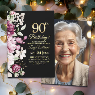 Invitation Photo de 90 ans d'anniversaire floral élégant or