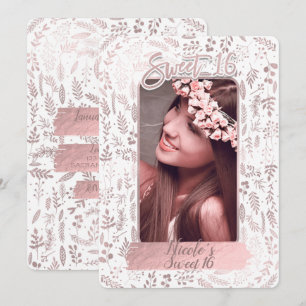 Invitation Photo de anniversaire moderne Sweet 16 avec feuill