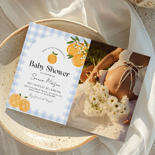 Invitation Photo de Baby Shower Citron Orange Gingham