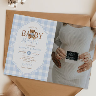 Invitation Photo de Baby Shower élégant ours en peluche gingh