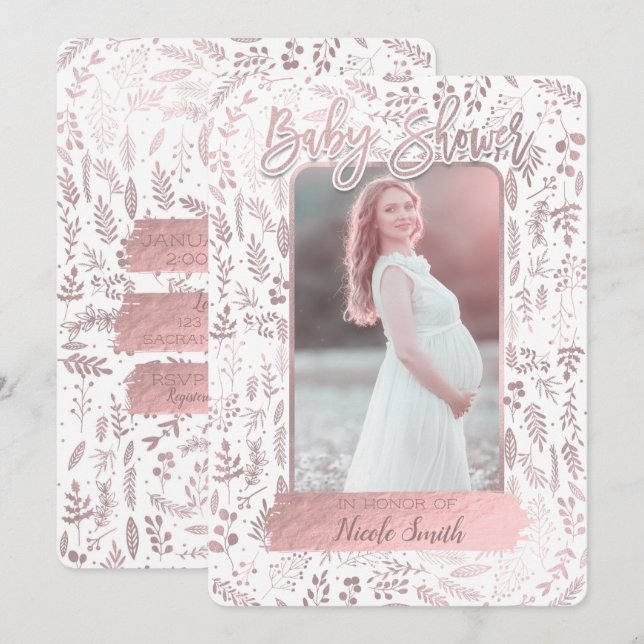 Invitation Photo de Baby Shower Moderne avec Feuille d'Or Ros (Devant / Derrière)