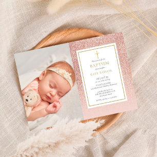 Invitation Photo de baptême au paillettes de rose gold