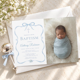 Invitation Photo de baptême avec un nœud bleu moderne pour ga