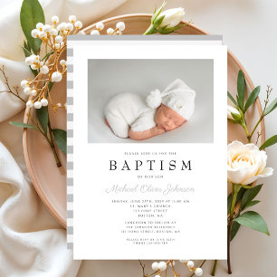 Invitation Photo de baptême de garçon aux rayures grises mode