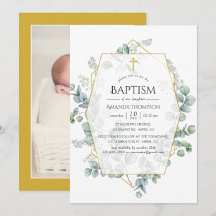 Invitation Photo de baptême géométrique à l'aquarelle Eucalyp