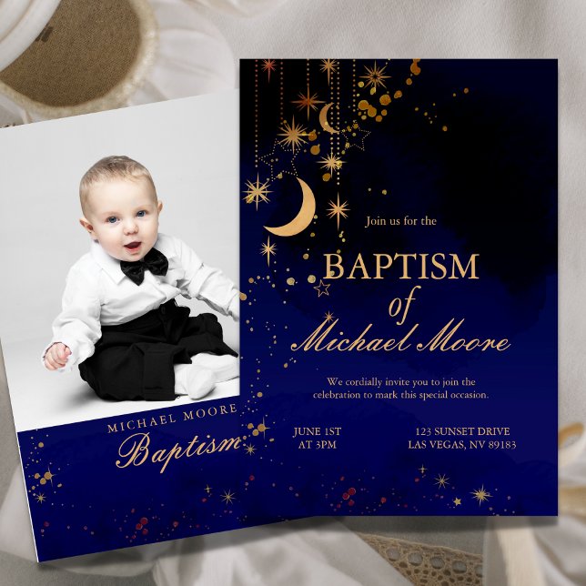 Invitation photo de baptême Lune et Étoiles (Créateur téléchargé)