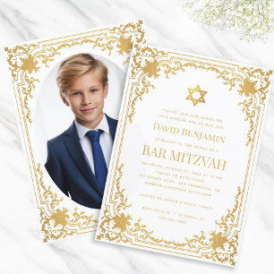 Invitation Photo de Bar Mitzvah Étoile dorée Faux Vintage Élé