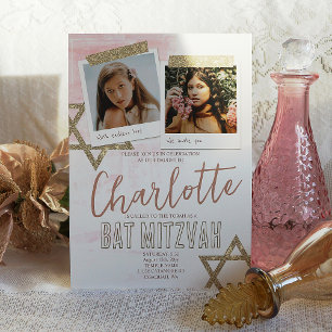Invitation Photo de Bat Mitzvah Heather Mauve Rose et Or