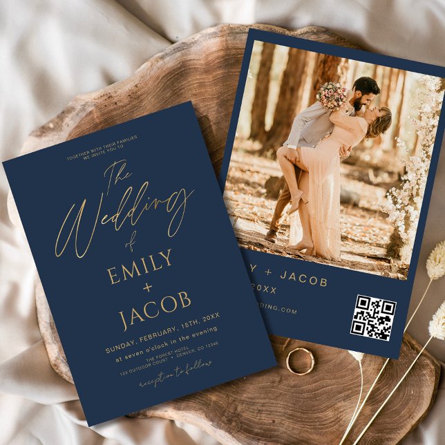 Invitation Photo de code QR du Mariage Blue Gold de la Marine (Créateur téléchargé)