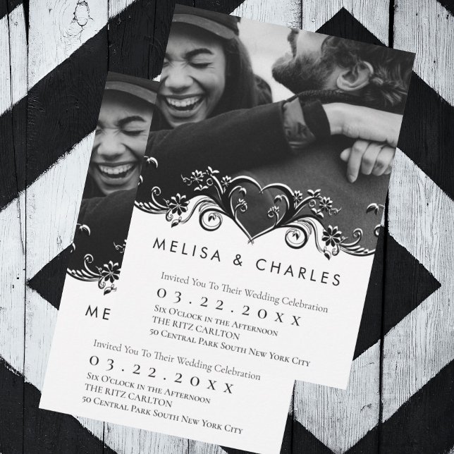 Invitation Photo de coeur florissante (Black and white custom photo with white flourish monogram wedding invitation)