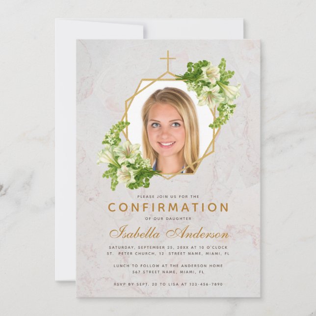 Invitation Photo de confirmation Fille Fleurs de lys Marbre B (Devant)