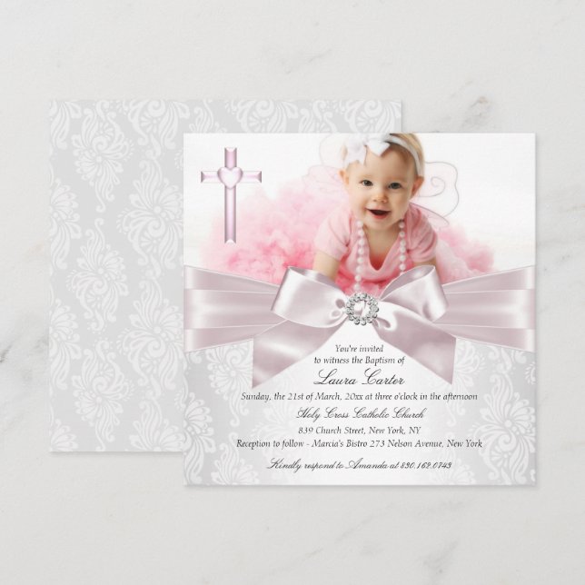 Invitation Photo de Croix de Bow rose Baptême/Christening (Devant / Derrière)