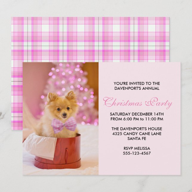 Invitation Photo de Cute Christmas Dog avec Pink Bow & Tree (Devant / Derrière)