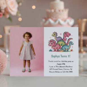 Invitation Photo de dinosaure rose mignon pour fête d'anniver