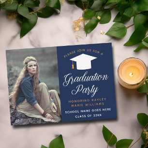 Invitation Photo de Diplômé Bleu Marine Élégante Fête de Remi
